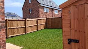 A wooden fence in a backyard.
