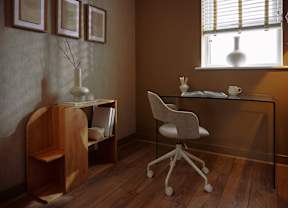 A room with a desk, chair, and shelf with a vase on top.