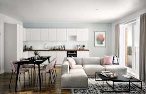 A modern living room with a dining table and a grey sofa.