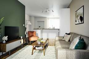 A living room with a grey couch, a wooden coffee table, a television, and a potted plant.