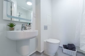 a bathroom with a sink toilet and a mirror