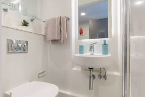 a bathroom with a sink and a shower