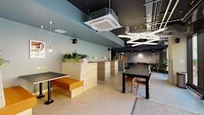 A modern office space with a long table, chairs, and plants.