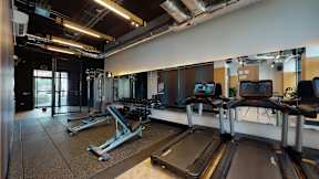 A gym with treadmills and other exercise equipment.