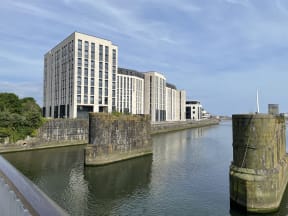 the building is next to a body of water