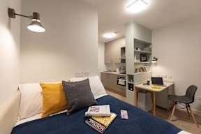 A bedroom with a bed, desk, and chair.