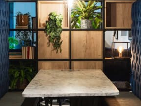 a marble table in front of a wall with plants