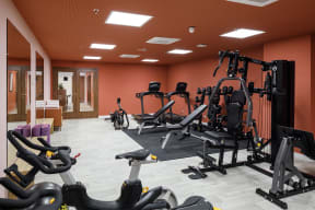 a gym full of exercise equipment in a treatment room