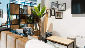 a living room with a couch and a table