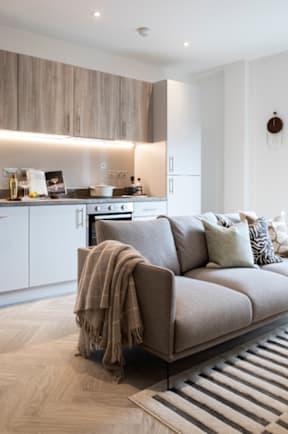 A modern living room with a grey couch and a striped rug.