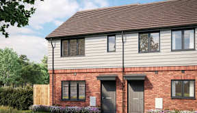 A two-story house with a brick facade and a brown roof at The Woodlands Apartments, Milton Keynes, MK5 6GS