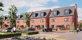 A row of red brick houses with people standing outside at The Woodlands Apartments, Milton Keynes, MK5 6GS