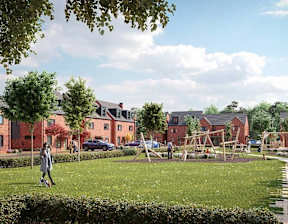 A person is riding a scooter in a park with houses in the background at The Woodlands Apartments, Milton Keynes, MK5 6GS