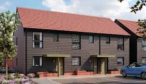A modern house with a red roof and a blue car parked in front at The Woodlands Apartments, Milton Keynes