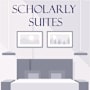A graphic with the words "SCHOLARLY SUITES" and a stylized image of a bedroom with a bed and two pictures on the wall.