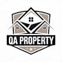A logo for QA Property features a stylized house in the center of a shield.