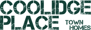 The image displays the words "COOLIDGE PLACE" and "TOWN HOMES" in large, bold letters.