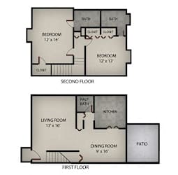 Floor Plan 2 Bedroom Townhome | 1327 SF.