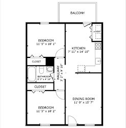 Rendering Ashford 2x1 floorplan 800 sq. ft. at Ashford Place Apartments in Kannapolis, NC