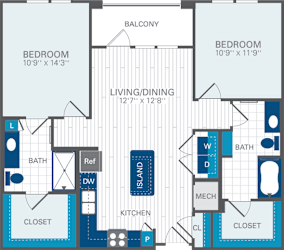 2 Bed 2 Bath B1 Floor Plan at Azul Baldwin Park, Florida, 32814