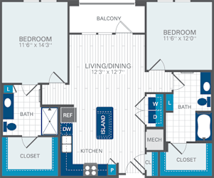2 Bed 2 Bath B2 Floor Plan at Azul Baldwin Park, Orlando, Florida