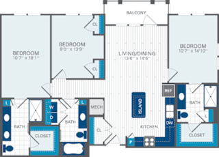 3 Bed 3 Bath C1 Floor Plan at Azul Baldwin Park, Orlando, 32814