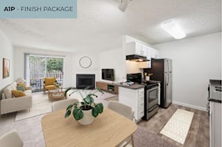 A modern living room with a dining table and chairs