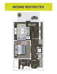 A floor plan of a small apartment with a living room, kitchen, bathroom, and bedroom.