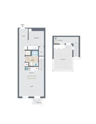 1 bed 1 bath O a plan of two floor plans of a house at Reed Row, Washington DC