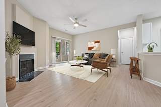 A living room with a fireplace and a television.