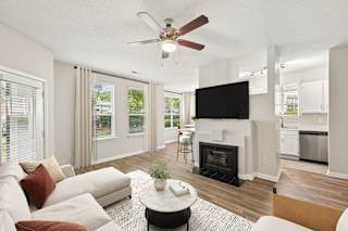A living room with a fireplace and a television.