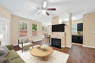 A living room with a fireplace and a television.