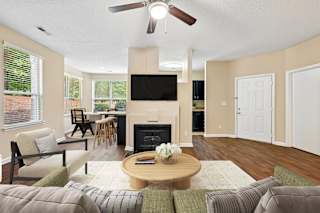 A living room with a fireplace and a television.