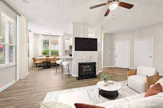 A living room with a fireplace and a television.