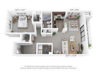 Floor Plan 1 Bedroom - A, F