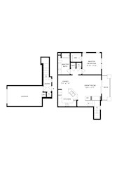 A floor plan of a house with a garage, kitchen, and two bedrooms.