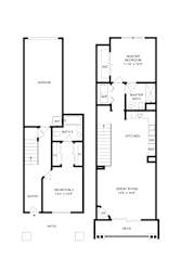 A black and white floor plan of a two-story house with a garage, two bedrooms, a master bedroom, a master bath, a kitchen, a great room, and a deck.