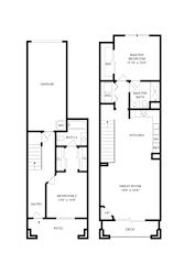 A floor plan of a house with a garage, two bedrooms, a kitchen, a great room, and a deck.