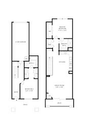 A floor plan of a house with two bedrooms, a garage, a patio, and a deck.