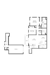 A floor plan of a house with a living room, two bedrooms, a garage, and a kitchen.