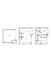 Three floor plans for a house with a garage.