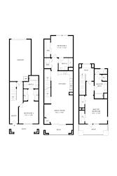 A floor plan of a house with three bedrooms, a garage, a patio, and a deck.