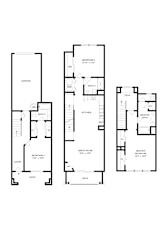 A set of three floor plans for a house with a garage, kitchen, and master bedroom.