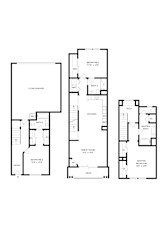A floor plan of a house with three bedrooms and a garage.