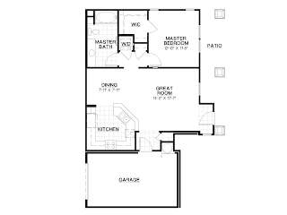 A floor plan of a house with a master bedroom, a dining room, a great room, a kitchen, a garage, and a patio.