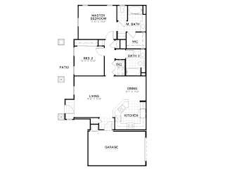 A floor plan of a house with a master bedroom, two bathrooms, a living room, a dining room, a kitchen, a garage, and a patio.