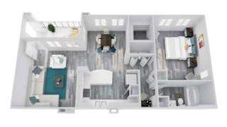 A top-down view of a modern, white-walled, open-plan apartment with a kitchen, living room, and bedroom.
