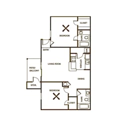 A floor plan of a home with two bedrooms, a living room, a dining room, a closet, a bathroom, a pantry, a storeroom and a patio balcony.