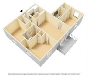 A 3D diagram of a house layout with a staircase on the right side.