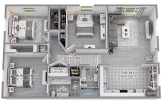 A floor plan of a house with a king bed, two bathrooms, a laundry room, and a kitchen.